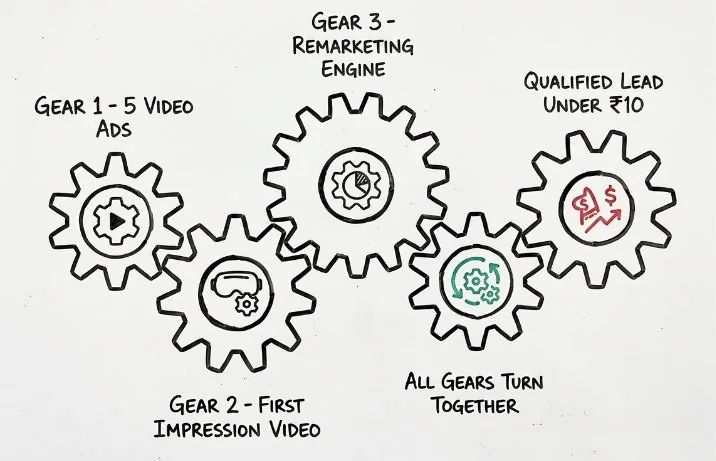 Qualified Lead Generation Engine — 5 video ads, first impression video, remarketing engine, all gears turning together to deliver qualified leads under ₹10