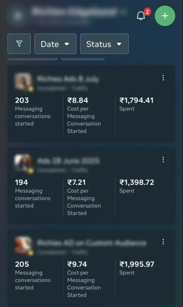 Messaging campaign results — cost per lead ₹7.21–₹9.74